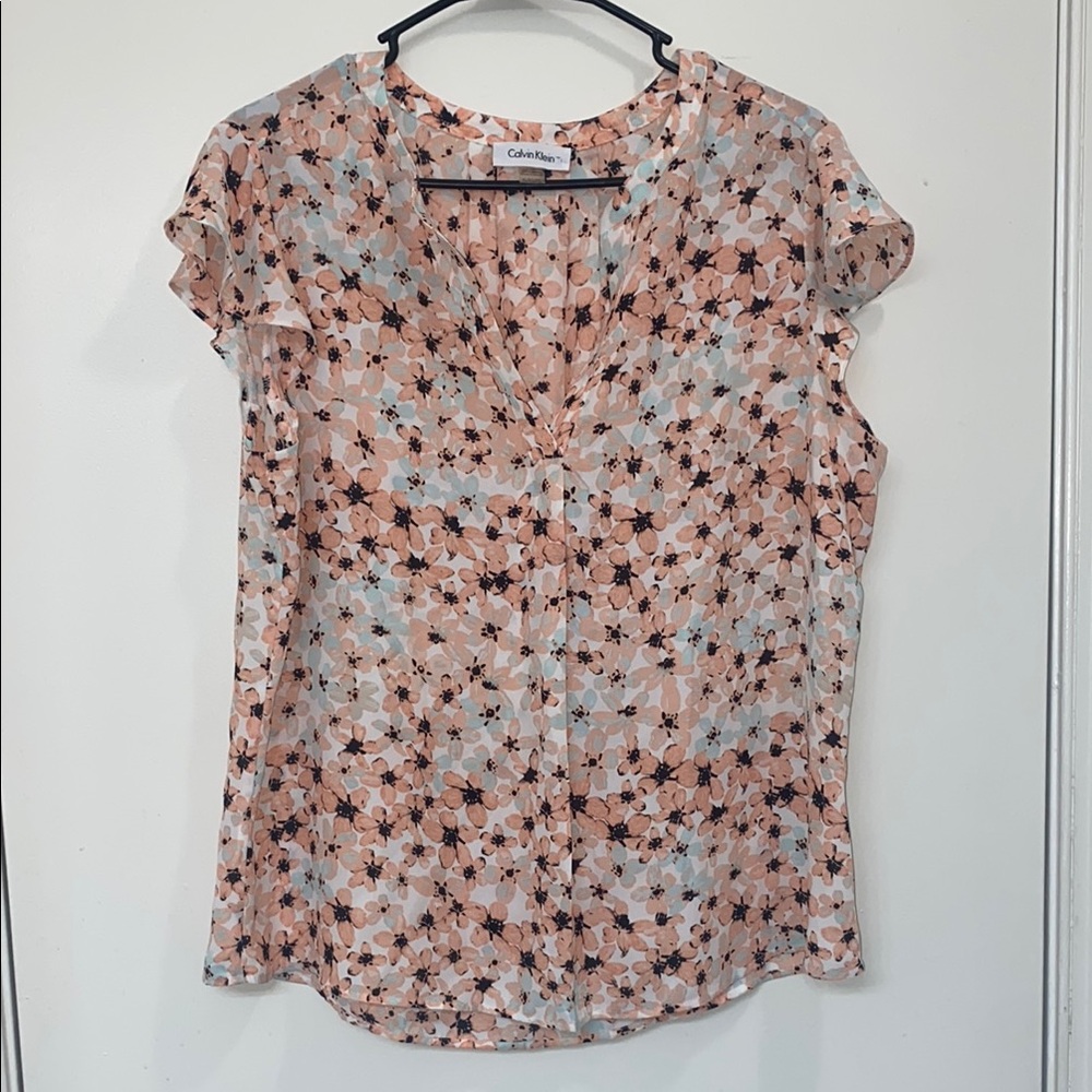 Calvin Klein Cream and Pink Ruffled Cap Sleeve Blouse